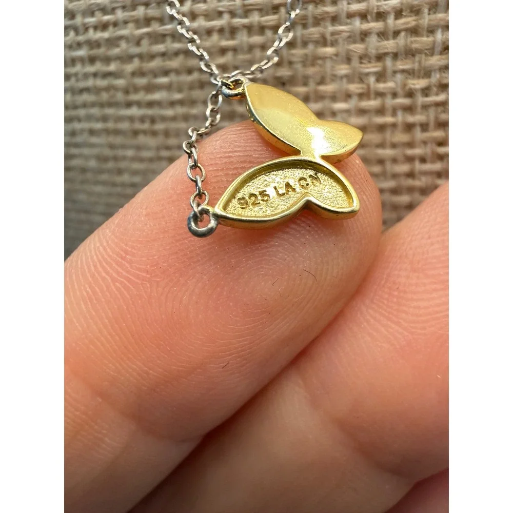 Sterling Silver 925 Two Tone Gold Butterfly‎ CZ Pendant Necklace 18 Inch